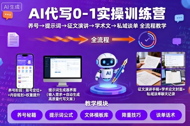 AI代写0-1实操训练营，从养号、提示词、征文演讲、学术文，到私域谈单的全流程教学-青虫资源网