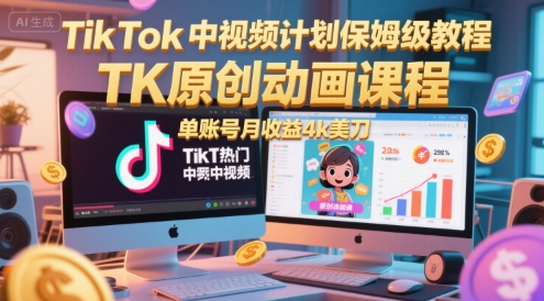 TikTok中视频计划保姆级教程，TK原创动画课程，单账号月收益4k美刀-快名资源网
