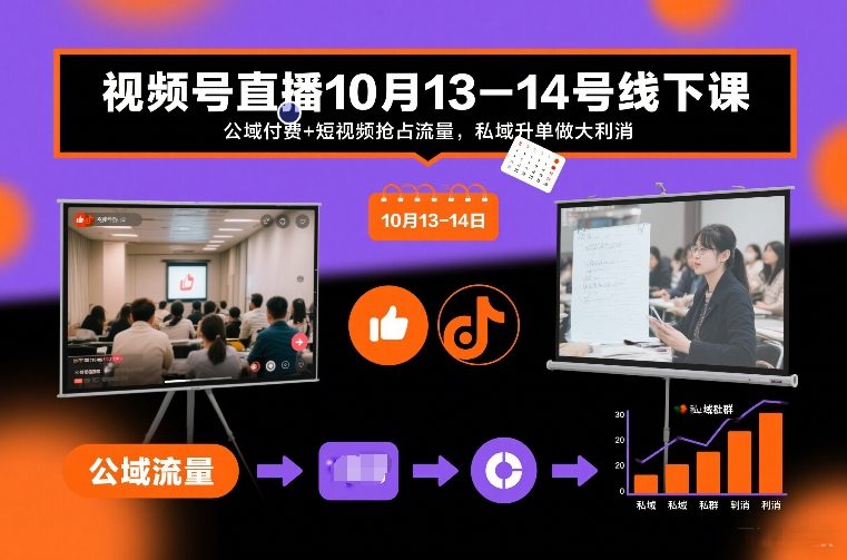 视频号直播10月13-14号线下课，公域付费+短视频抢占流量，私域升单做大利消-快名资源网