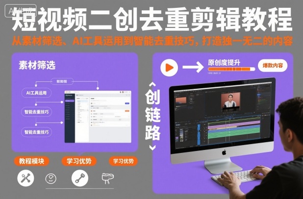 短视频二创去重剪辑教程，从素材筛选、AI工具运用到智能去重技巧，打造独一无二的内容-快名资源网