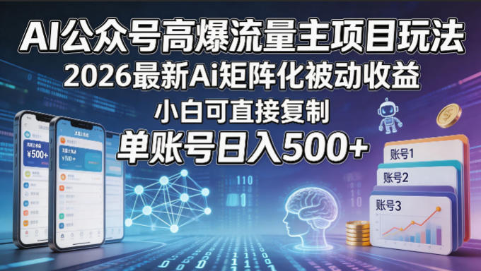 AI公众号高爆流量主项目玩法，2026最新Ai矩阵化被动收益，小白可直接复制，单账号日入500+-快名资源网