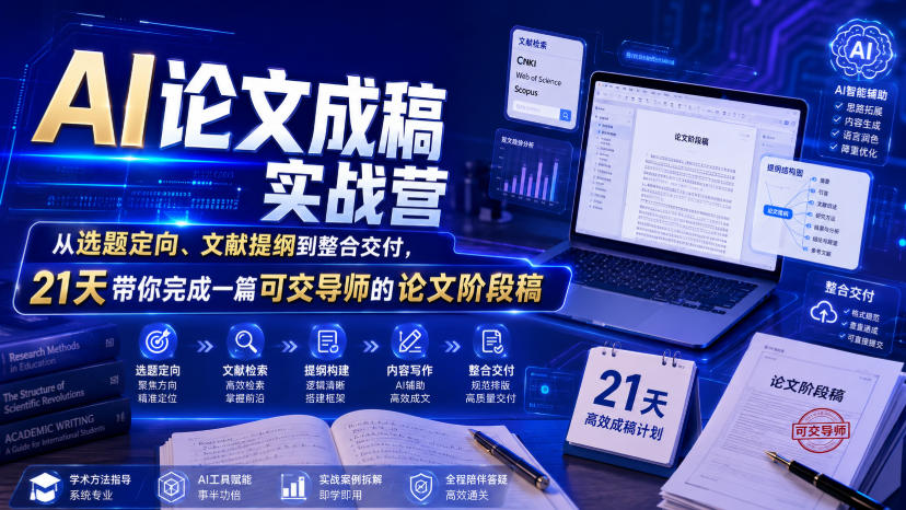 AI论文成稿实战营，从选题定向、文献提纲到整合交付，21天带你完成一篇可交导师的论文阶段稿-青虫资源网