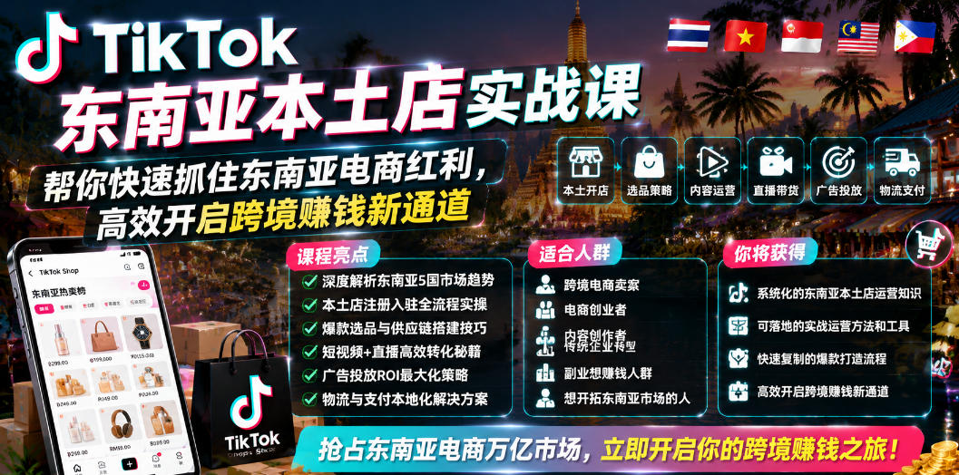 TikTok东南亚本土店实战课，帮你快速抓住东南亚电商红利，高效开启跨境賺钱新通道-快名资源网