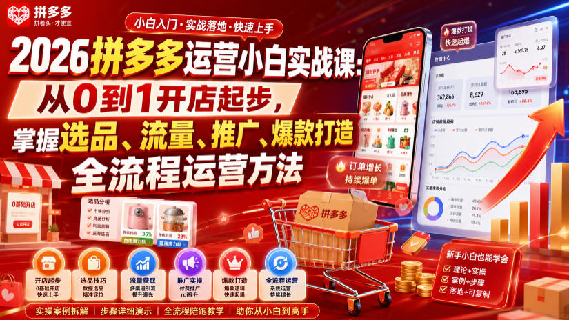 2026拼多多运营小白实战课：从0到1开店起步，掌握选品、流量、推广、爆款打造全流程运营方法-青虫资源网