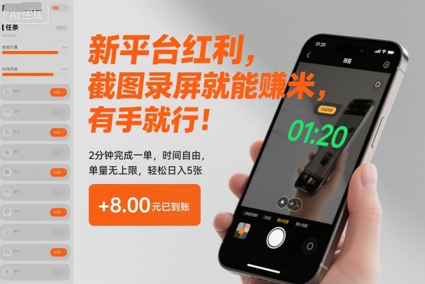 新平台红利，截图录屏就能賺米，有手就行！2分钟完成一单，时间自由，单量无上限，轻松日入5张【揭秘】-快名资源网