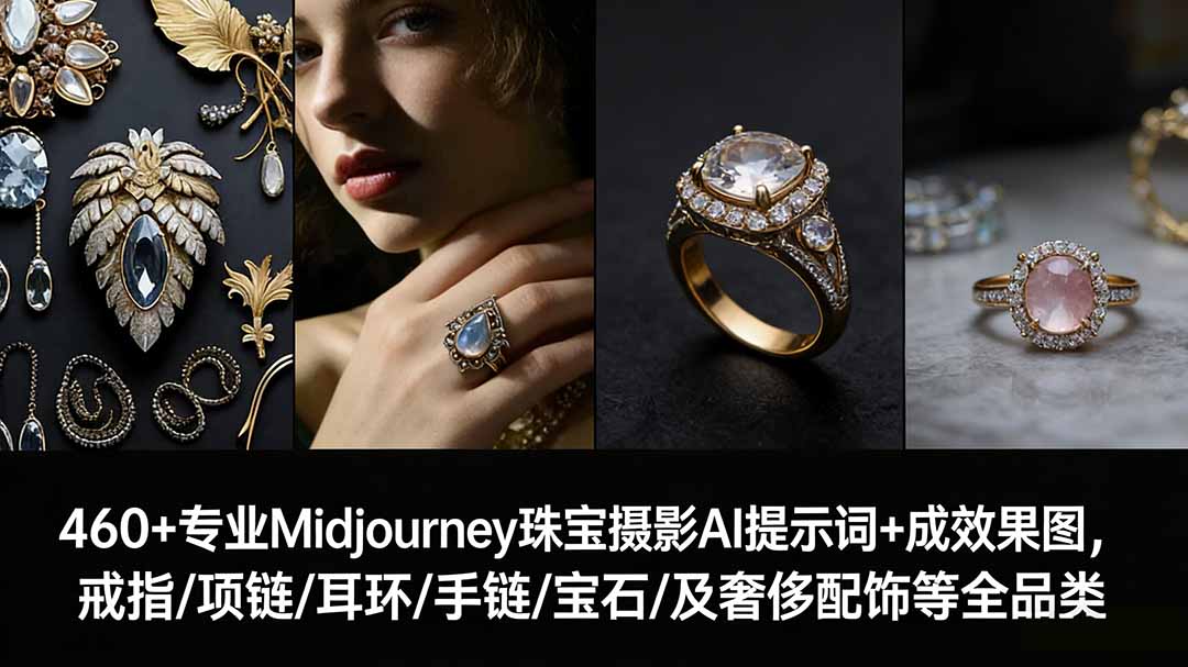 460+专业Midjourney珠宝摄影AI提示词+成效果图，戒指/项链/耳环/手链/宝石/及奢侈配饰等全品类-快名资源网