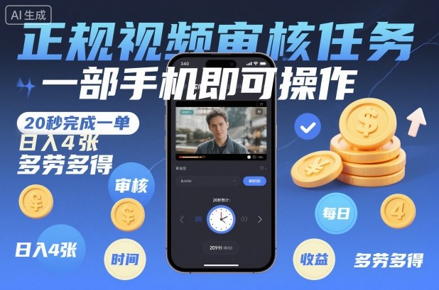 正规视频审核任务，一部手机即可操作，20秒完成一单，日入4张，多劳多得【揭秘】-快名资源网