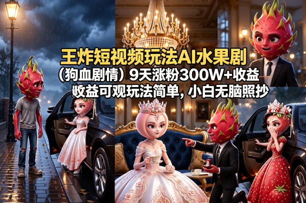 王炸短视频玩法AI水果剧(狗血剧情)9天涨粉300W+收益可观玩法简单，小白无脑照抄，详细拆解玩法-快名资源网