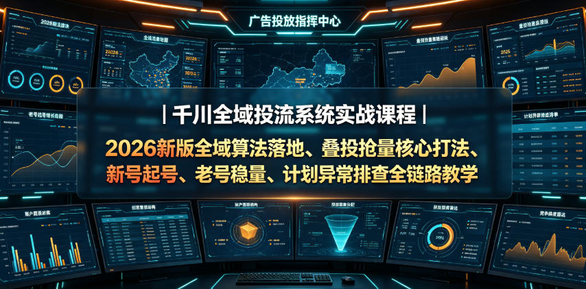 千川全域投流系统实战课程｜2026新版全域算法落地、叠投抢量核心打法、新号起号、老号稳量、计划异常排查全链路教学-青虫资源网