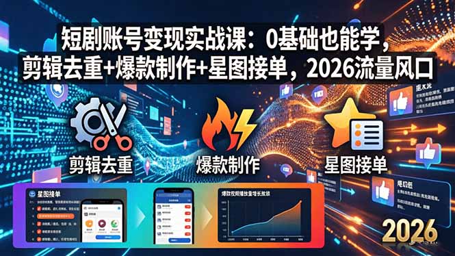 短剧账号变现实战课：0基础也能学，剪辑去重+爆款制作+星图接单，2026流量风口-快名资源网