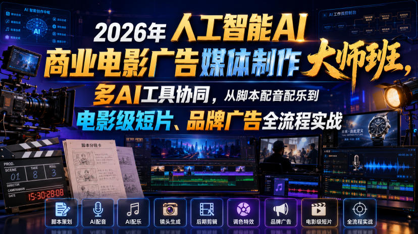 2026年人工智能AI商业电影广告媒体制作大师班，多AI工具协同，从脚本配音配乐到电影级短片、品牌广告全流程实战(中英字幕)-青虫资源网