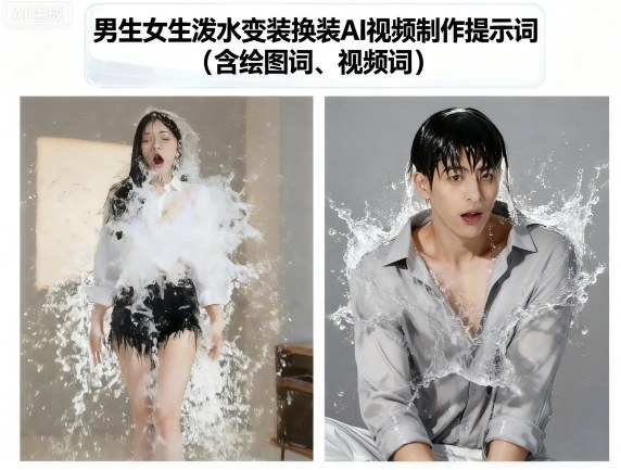 男生女生泼水变装换装AI视频制作提示词(含绘图词、视频词)-快名资源网