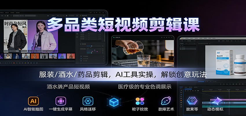 多品类短视频剪辑课：服装/酒水/药品剪辑，AI工具实操，解锁创意玩法-快名资源网