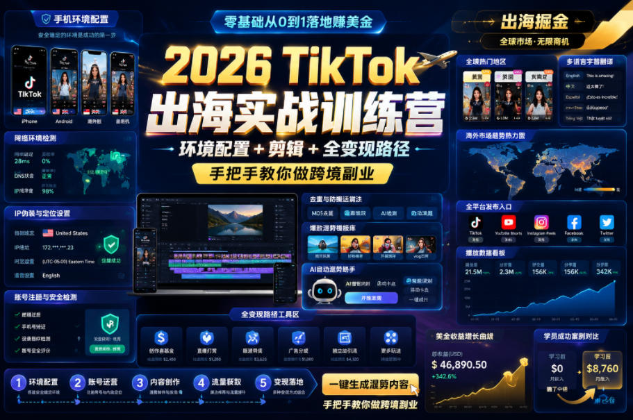 2026 TikTok出海实战训练营，环境配置 + 剪辑 + 全变现路径，手把手教你做跨境副业-快名资源网