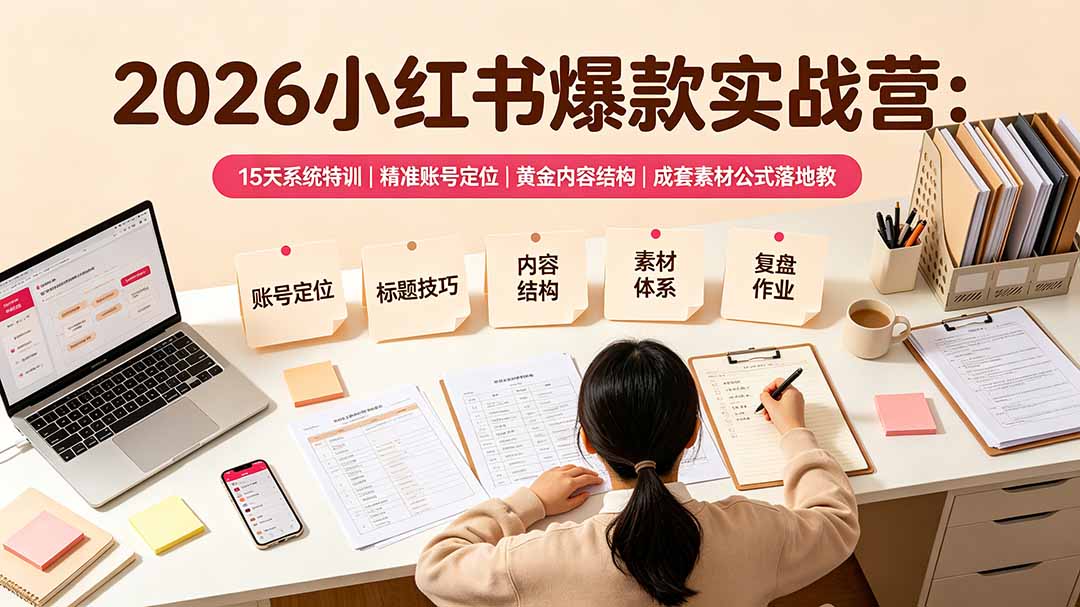 2026小红书爆款实战营：15天系统特训｜精准账号定位｜黄金内容结构｜成套素材公式落地教程-青虫资源网