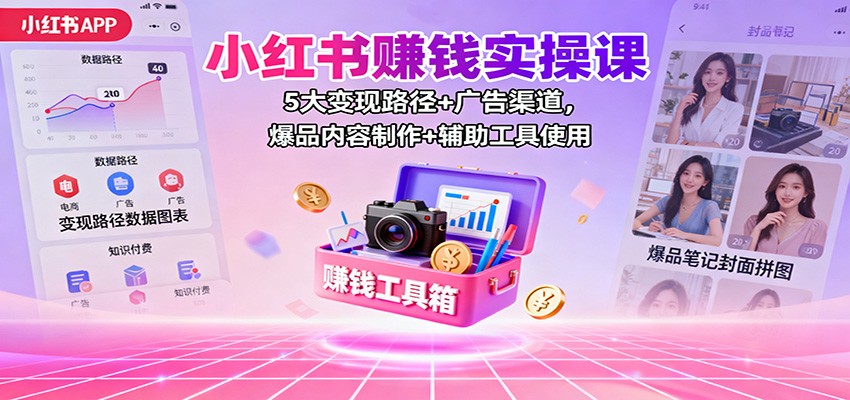 小红书赚钱实操课：5大变现路径+广告渠道，爆品内容制作+辅助工具使用-快名资源网