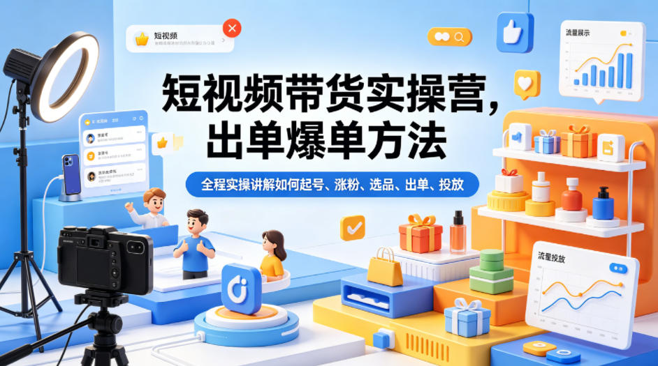 短视频带货实操营，出单爆单方法，全程实操讲解如何起号、涨粉、选品、出单、投放-快名资源网