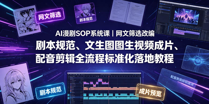 AI漫剧SOP系统课｜网文筛选改编、剧本规范、文生图图生视频成片、配音剪辑全流程标准化落地教程-青虫资源网