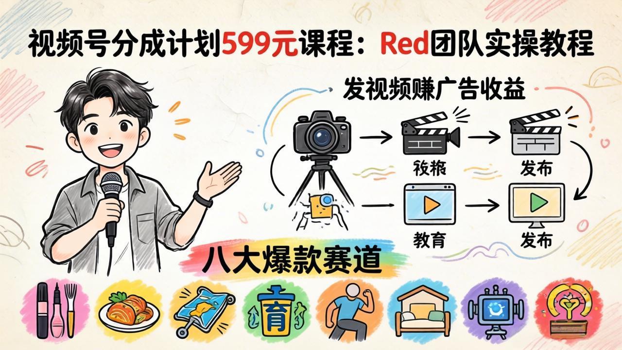 视频号分成计划599元课程：Red团队实操教程，发视频赚广告收益，八大爆款赛道全掌握-快名资源网