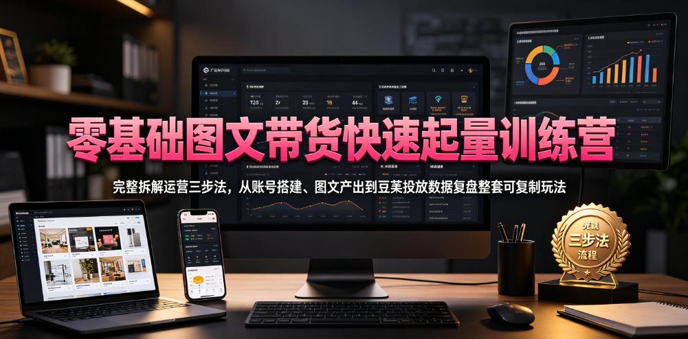 零基础图文带货快速起量训练营，完整拆解运营三步法，从账号搭建、图文产出到豆荚投放数据复盘整套可复制玩法-青虫资源网