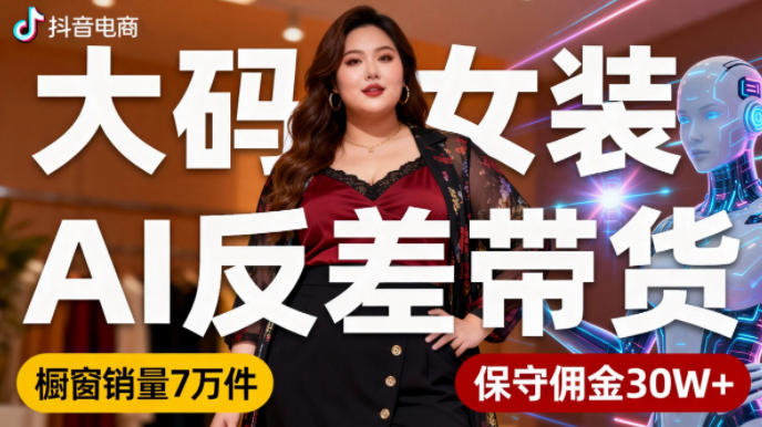 抖音小众赛道，大码女装AI反差带货，不用直播，每天6条作品，橱窗卖7万件，保守佣金30W+-青虫资源网