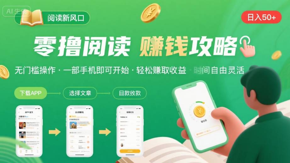 零撸阅读新风口，无门槛轻松挣，一部手机，日入 50-3张【揭秘】-快名资源网