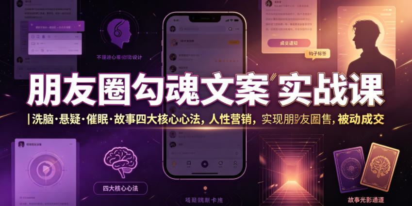 朋友圈勾魂文案实战课｜洗脑·悬疑·催眠·故事四大核心心法，吃透人性营销，实现朋友圈不销而售被动成交-青虫资源网