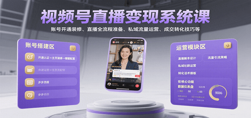 视频号直播变现系统课，账号开通装修、直播全流程准备、私域流量运营、成交转化技巧等-快名资源网