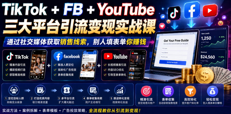 TikTok+FB+YouTube三大平台引流变现实战课，通过社交媒体获取销售线索，别人填表单你賺钱【原创双语字幕】-快名资源网