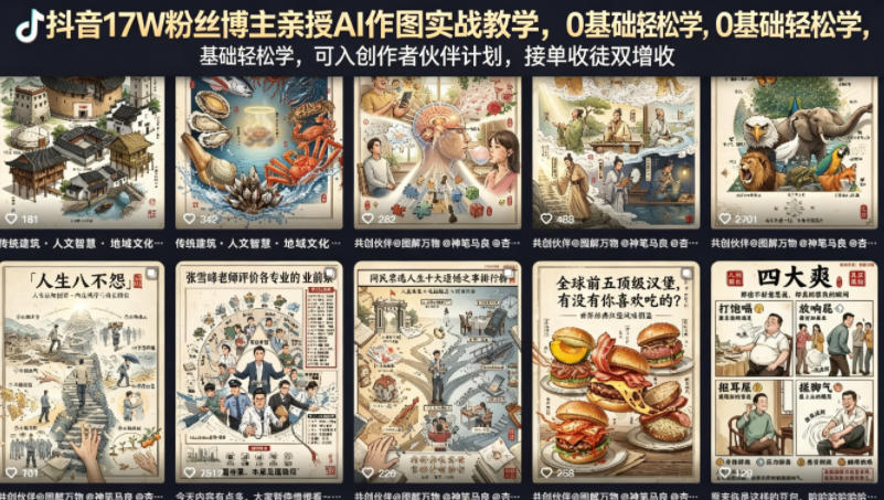 抖音17W粉丝博主亲授AI作图实战教学，0基础轻松学，可入创作者伙伴计划，接单收徒双增收-快名资源网