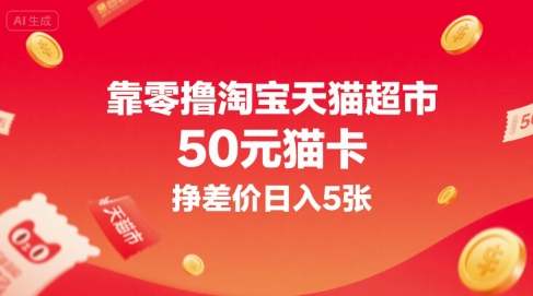 靠零撸淘宝天猫超市50元猫卡，挣差价日入5张-快名资源网
