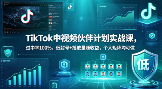 TikTok中视频伙伴计划实战课，过中率100%，低封号+播放量賺收益，个人矩阵均可做-快名资源网