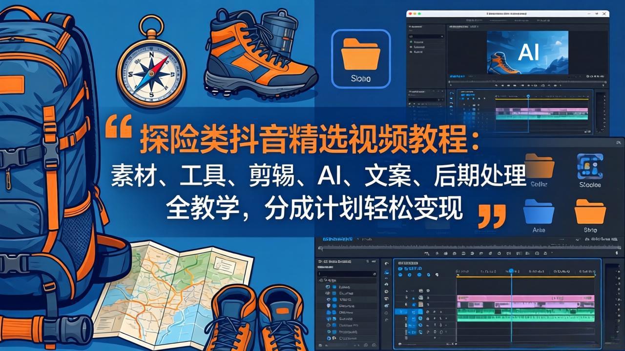 探险类抖音精选视频教程：素材、工具、剪辑、AI、文案、后期处理全教学，分成计划轻松变现-快名资源网