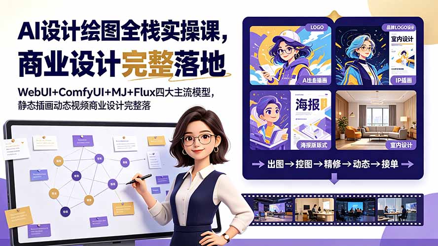AI设计绘图全栈实操课，WebUI+ComfyUI+MJ+Flux四大主流模型，静态插画动态视频商业设计完整落地教程-青虫资源网