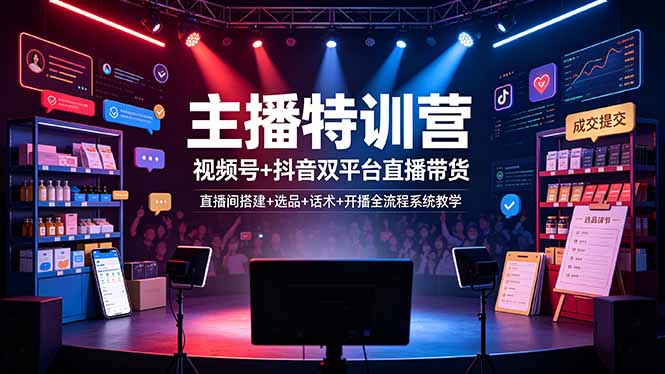 主播特训营：视频号+抖音双平台直播带货，直播间搭建+选品+话术+开播全流程系统教学-青虫资源网