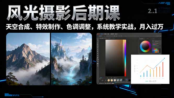 风光摄影后期课，一键换天空合成、特效制作、色调调整，月入过万-快名资源网