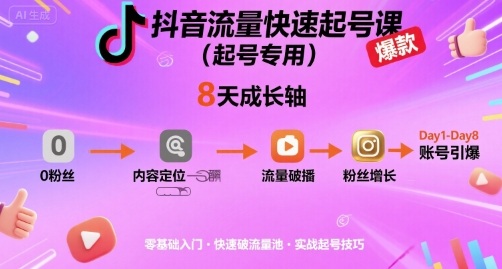 抖音流量快速起号课(起号专用)，8天带你做爆自己的账号-快名资源网