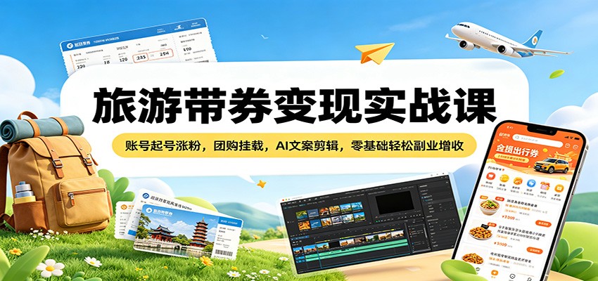 旅游带券变现实战课：账号起号涨粉，团购挂载，AI文案剪辑，零基础轻松副业增收-青虫资源网