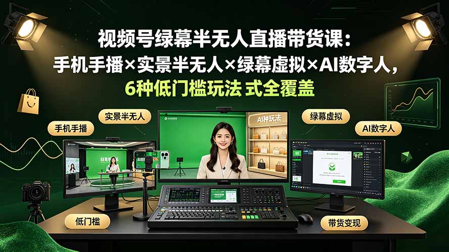 视频号绿幕半无人直播带货课：手机手播×实景半无人×绿幕虚拟×AI数字人，6种低门槛玩法全覆盖-青虫资源网