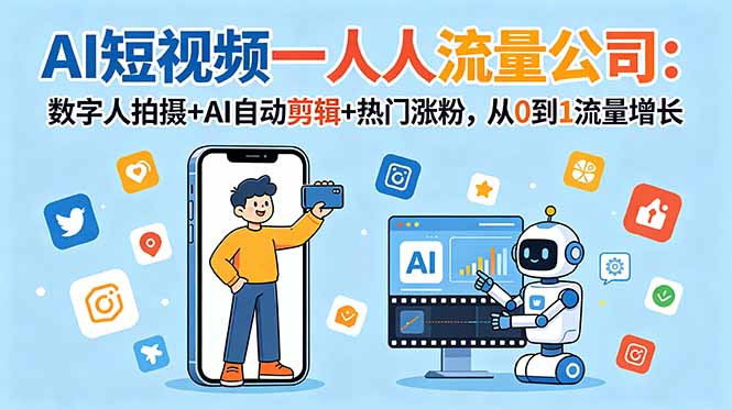 AI短视频一人流量公司：数字人拍摄+AI自动剪辑+热门涨粉，从0到1流量增长-快名资源网