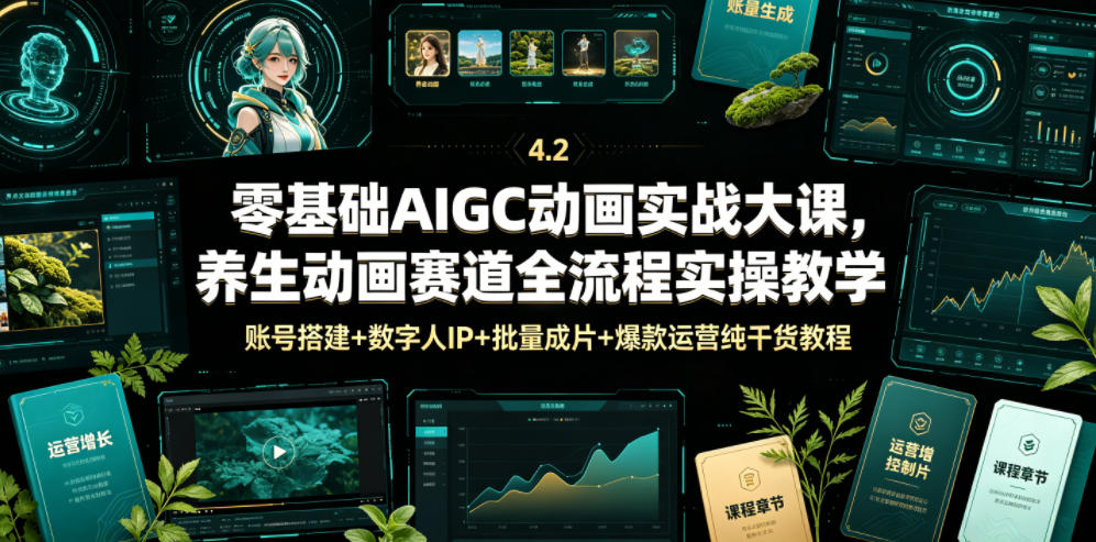 零基础AIGC动画实战大课，养生动画赛道全流程实操教学，账号搭建+数字人IP+批量成片+爆款运营纯干货教程-青虫资源网