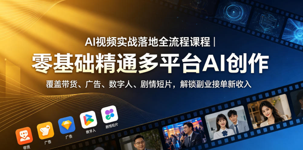 AI视频实战落地全流程课程｜零基础精通多平台AI创作，覆盖带货、广告、数字人、剧情短片，解锁副业接单新收入-快名资源网