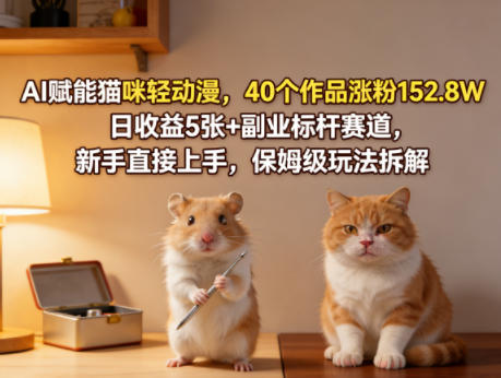 AI赋能猫咪轻动漫，40个作品涨粉152.8W，日收益5张+副业标杆赛道，新手直接上手，保姆级玩法拆解-快名资源网