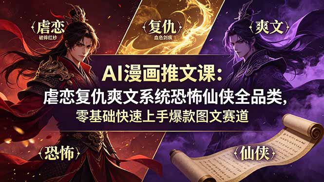 AI漫画推文课：虐恋复仇爽文系统恐怖仙侠全品类，零基础快速上手爆款图文赛道-青虫资源网