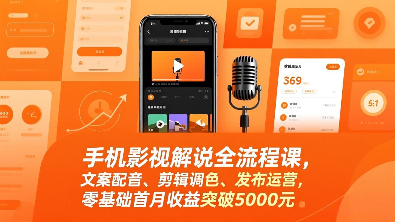 手机影视解说全流程课，文案配音、剪辑调色、发布运营，零基础首月收益突破5000元-快名资源网