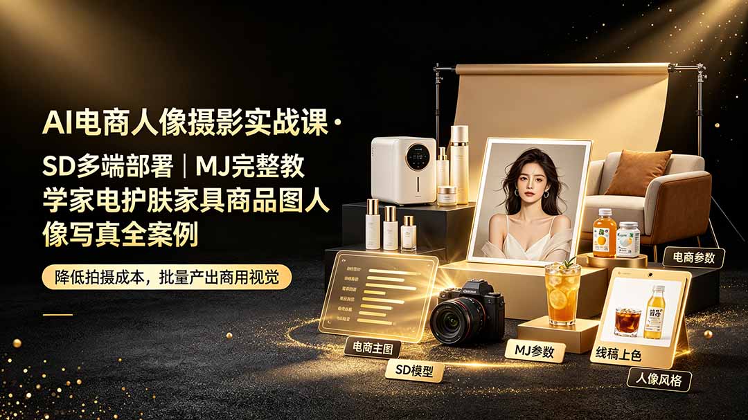 AI电商人像摄影实战课·SD多端部署｜MJ完整教学｜家电护肤家具商品图人像写真全案例-青虫资源网
