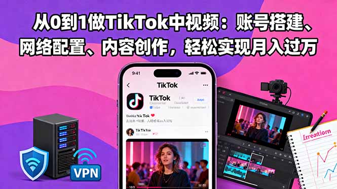 从0到1做TikTok中视频：账号搭建、网络配置、内容创作，轻松实现月入过万-快名资源网