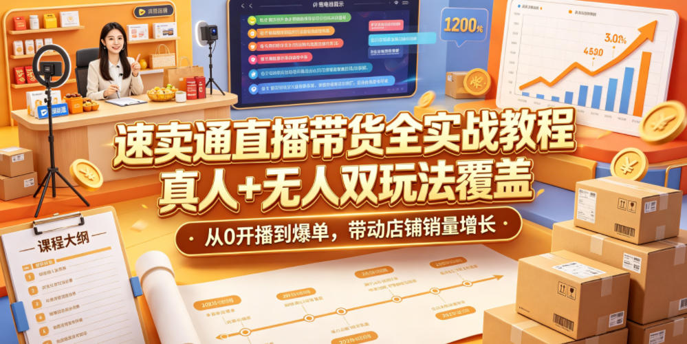 速卖通直播带货全实战教程，真人+无人双玩法覆盖，从0开播到爆单，带动店铺销量增长-快名资源网