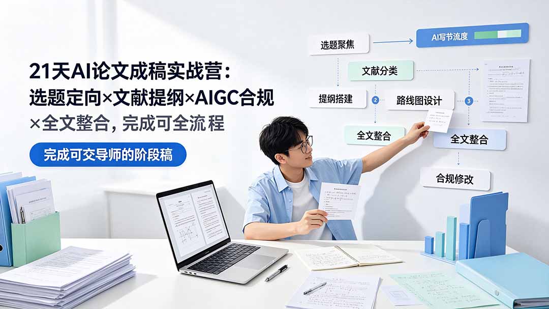 21天AI论文成稿实战营：选题定向×文献提纲×AIGC合规×全文整合，完成可交导师的阶段稿-青虫资源网