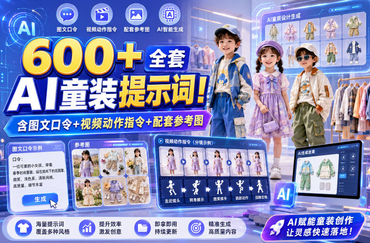 600+全套AI童装提示词！含图文口令+视频动作指令+配套参考图，Word-Excel规整分类，童装电商、种草无脑量产内容！-青虫资源网